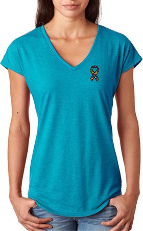 Autism Ribbon Pocket Print Ladies Tri Blend V-neck