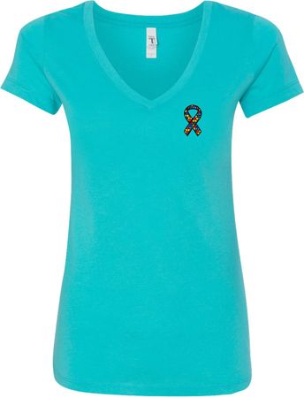 Autism Ribbon Pocket Print Ladies V-neck Shirt