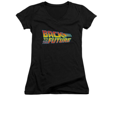 Back To The Future Shirt Juniors V Neck Logo Black Tee T-Shirt