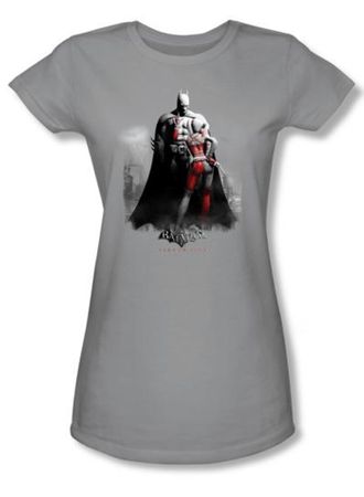Batman Juniors T-Shirt - Arkham City Harley And Bats Silver Tee