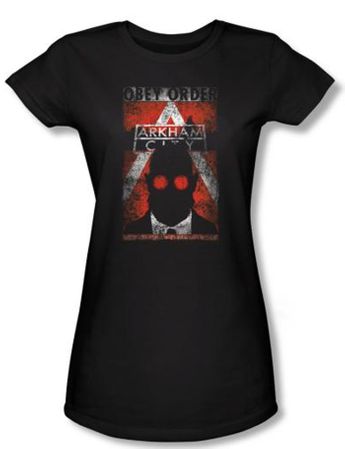 Batman Juniors T-Shirt - Arkham City Obey Order Poster Black Tee