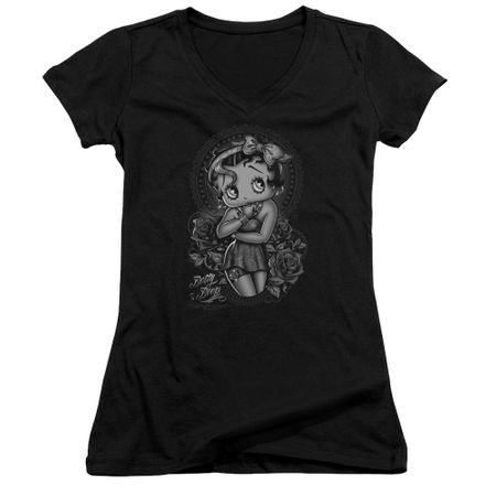 Betty Boop Juniors V Neck Shirt Fashion Roses Black T-Shirt
