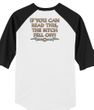 Biker Raglan T-shirt The Bitch Fell Off Adult White/Black Shirt
