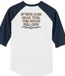 Biker Raglan T-shirt The Bitch Fell Off Adult White/Navy Shirt