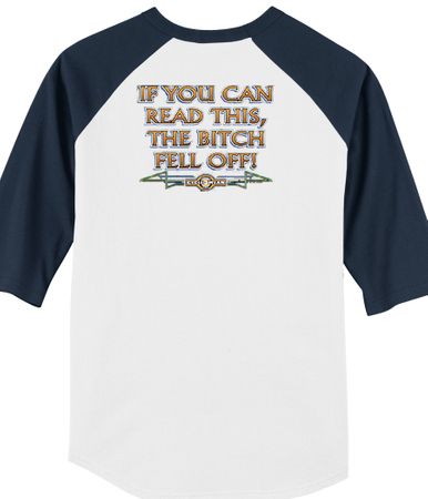 Biker Raglan T-shirt The Bitch Fell Off Adult White/Navy Shirt