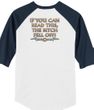Biker Raglan T-shirt The Bitch Fell Off Adult White/Navy Shirt