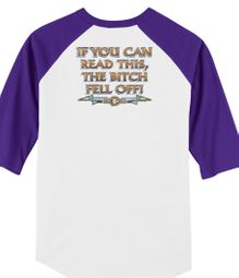 Biker Raglan T-shirt The Bitch Fell Off Adult White/Purple Shirt