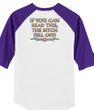 Biker Raglan T-shirt The Bitch Fell Off Adult White/Purple Shirt
