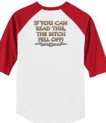 Biker Raglan T-shirt The Bitch Fell Off Adult White/Red Shirt