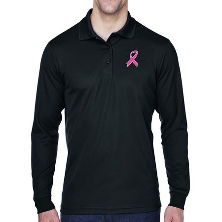 Mens Breast Cancer Awareness Pink Ribbon Long Sleeve Polo Shirt - Black, Small