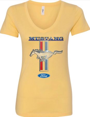 Ladies Ford Mustang STRIPE V-neck Tee - Banana, 2XL