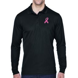 Mens Breast Cancer Awareness Pink Ribbon Long Sleeve Polo Shirt - Black, Small