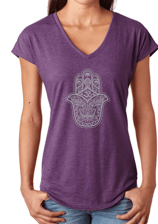 Ladies Hamsa Triblend V-neck Tee Shirt - Aubergine, XL
