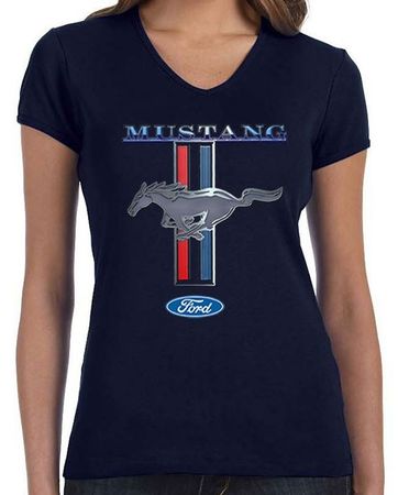Womens Ford Mustang Stripe V-neck - Navy Blue, XL