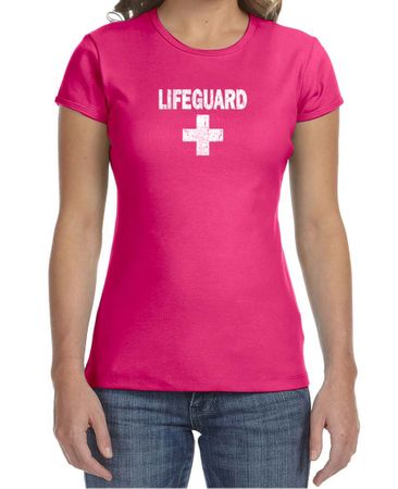Ladies Distressed Lifeguard Crewneck Tee T-Shirt - Fuchsia