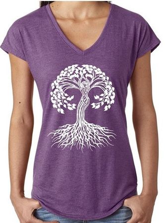 Ladies White Celtic Tree of Life Yoga V-neck Tee - Heather Purple, Large