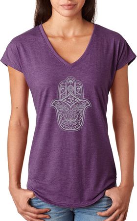 Grey Hamsa Triblend Deep V-Neck Yoga Tee Shirt - Aubergine
