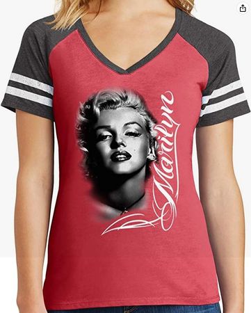 Ladies Marilyn Monroe Black & White Sporty V-Neck Shirt - Red, Large