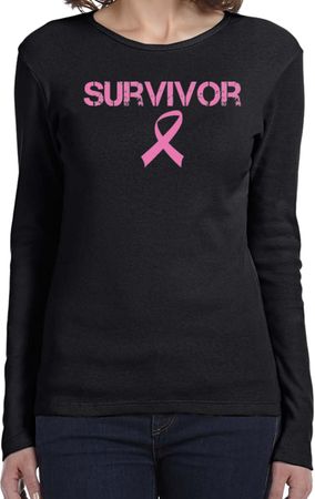 Ladies Long Sleeve Survivor Ribbon Long Slee Tee - Large, Black