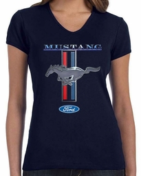Womens Ford Mustang Stripe V-neck - Navy Blue, XL