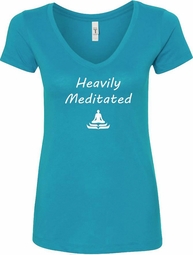 Womens Heavily Meditated V-neck Tee, Turquoise, XL