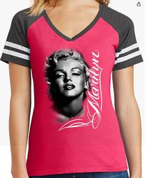 Ladies Marilyn Monroe Black & White Sporty V-Neck Shirt - Watermelon, Large Ladies Marilyn Monroe Black & White Sporty V-Neck Shirt - Watermelon, Large