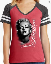 Ladies Marilyn Monroe Black & White Sporty V-Neck Shirt - Red, Large Ladies Marilyn Monroe Black & White Sporty V-Neck Shirt - Red, Large