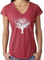 Ladies White Tree of Life V-neck Yoga Tee Shirt - Heather Red, Large Ladies White Tree of Life V-neck Yoga Tee Shirt - Heather Red, Large