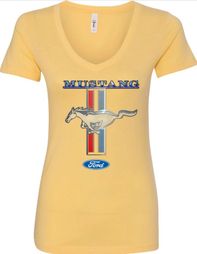 Ladies Ford Mustang STRIPE V-neck Tee - Banana, Large Ladies Ford Mustang STRIPE V-neck Tee - Banana, Large
