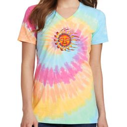 Womens "Sleeping Sun" Tie Dye Vee Neck Tee - Pastel Rainbow Womens "Sleeping Sun" Tie Dye Vee Neck Tee - Pastel Rainbow