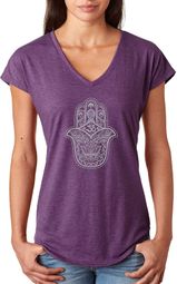 Grey Hamsa Triblend Deep V-Neck Yoga Tee Shirt - Aubergine Grey Hamsa Triblend Deep V-Neck Yoga Tee Shirt - Aubergine