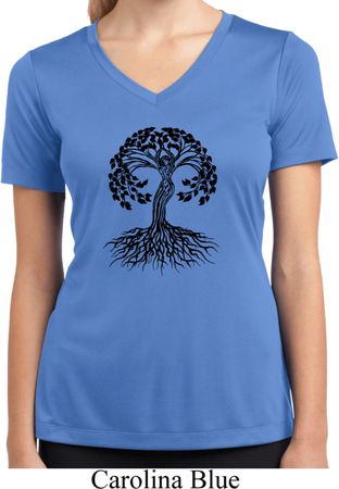Black Celtic Tree Ladies Moisture Wicking V-neck Shirt
