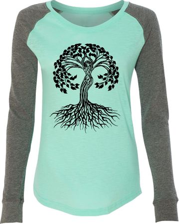 Black Celtic Tree Ladies Yoga Long Sleeve Preppy Patch Shirt