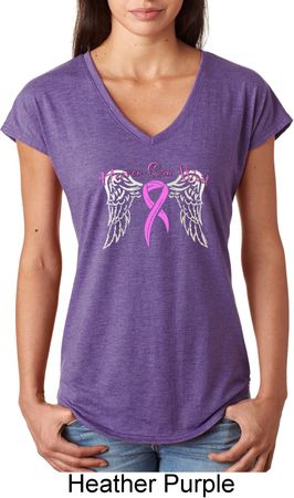 Breast Cancer Awareness Heaven Can Wait Ladies Tri Blend V-Neck Shirt
