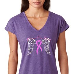 Breast Cancer Awareness Heaven Can Wait Ladies Tri Blend V-Neck Shirt