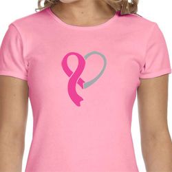 Breast Cancer Awareness Ladies Shirt Ribbon Heart Crewneck Tee T-Shirt