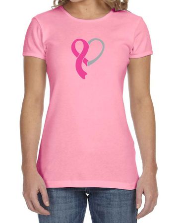 Breast Cancer Awareness Ladies Shirt Ribbon Heart Crewneck Tee T-Shirt