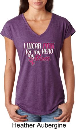 Breast Cancer Awareness Pink for My Hero Ladies Tri Blend V-Neck Shirt