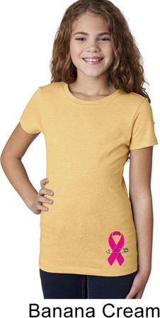Breast Cancer Awareness Pink Ribbon Pin Bottom Print Girls Shirt