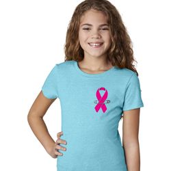 Breast Cancer Awareness Pink Ribbon Pin Pocket Print Girls Shirt