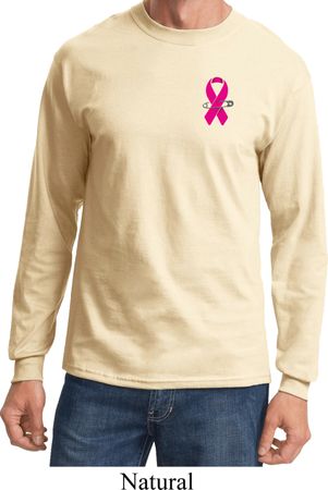 Breast Cancer Awareness Pink Ribbon Pin Pocket Print Long Sleeve Shirt