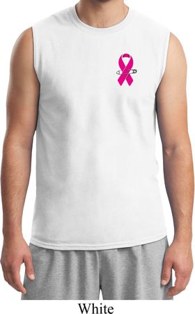Breast Cancer Awareness Pink Ribbon Pin Pocket Print Mens Muscle Shirt