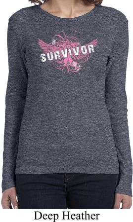 Breast Cancer Awareness Survivor Wings Ladies Long Sleeve Shirt