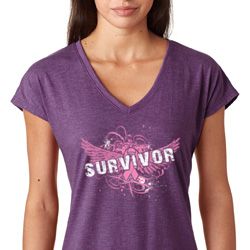 Breast Cancer Awareness Survivor Wings Ladies Tri Blend V-Neck Shirt