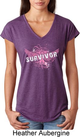 Breast Cancer Awareness Survivor Wings Ladies Tri Blend V-Neck Shirt