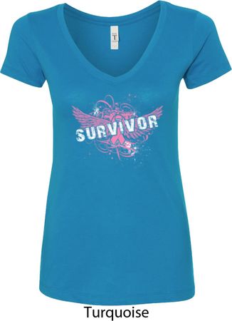 Breast Cancer Awareness Survivor Wings Ladies V-Neck Shirt