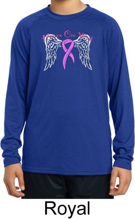 Breast Cancer Heaven Can Wait Kids Dry Wicking Long Sleeve Shirt