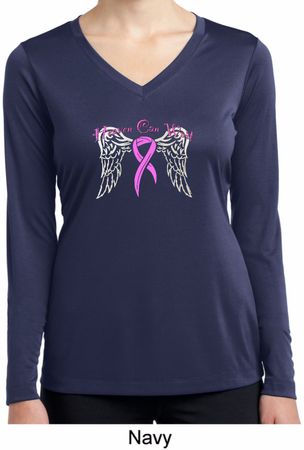 Breast Cancer Heaven Can Wait Ladies Dry Wicking Long Sleeve Shirt