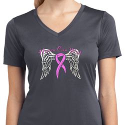 Breast Cancer Heaven Can Wait Ladies Moisture Wicking V-neck Shirt