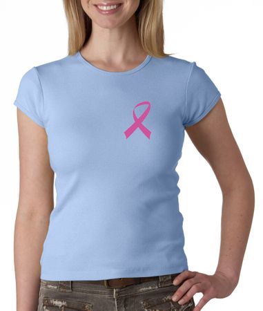 Breast Cancer Ladies Shirt Crewneck Pink Ribbon Pocket Print Baby Blue